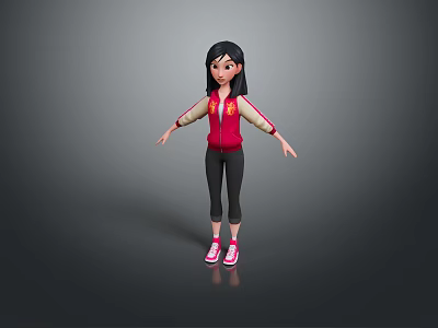 3D Child Wearing Red Hoodie Black Leggings Pink Sneakers Arms Outstretched On Gray Background 3d model