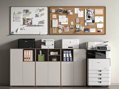 Workspace With White Brown Notice Boards Papers Photos Storage Cabinet Folders Plants And Office Printers 3d model