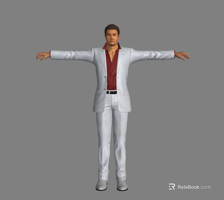 Man in White Suit with Red Shirt and Arms Outstretched on Gray Background 3d model 