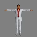 Man in White Suit with Red Shirt and Arms Outstretched on Gray Background