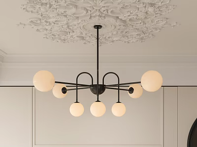 Elegant Chandelier With Black Metal Frame And Globe Bulbs In Ornate Ceiling Interior 3d model