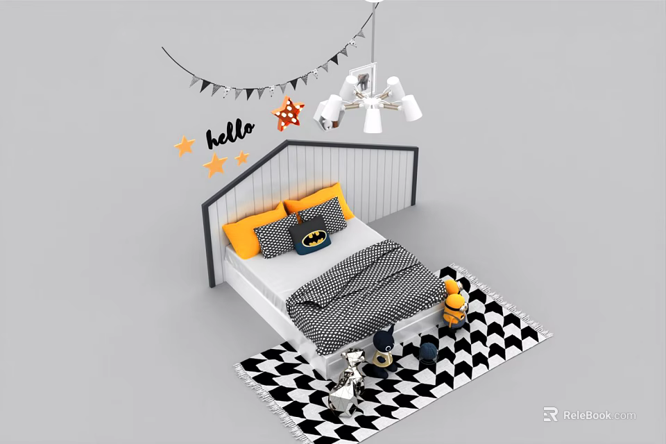 Kids Bed with Yellow Gray Pillows Batman Decor Black White Checkered Rug Hello Star Decals 3d model 