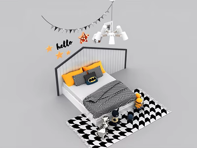 Kids Bed with Yellow Gray Pillows Batman Decor Black White Checkered Rug Hello Star Decals 3d model