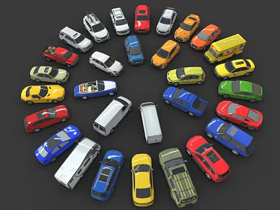 Multiple Cars Arranged in a Circular Pattern with Various Colors and Types 3d model