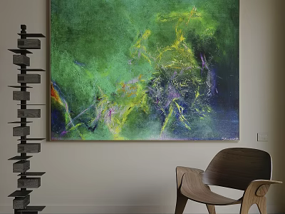 Abstract Painting With Vibrant Green Yellow Purple Hues Dynamic Brush Strokes And Wooden Chair 3d model