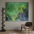 Abstract Painting With Vibrant Green Yellow Purple Hues Dynamic Brush Strokes And Wooden Chair