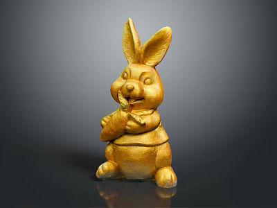 Golden Rabbit Sculpture Carving With Cute Design Holding Carrot Decorative Art 3d model