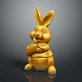 Golden Rabbit Sculpture Carving With Cute Design Holding Carrot Decorative Art