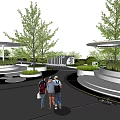 Modern Square Landscape Design With Circular Structures Tall Trees And People Walking 3d model