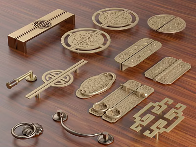 Brass Door Handles With Traditional Chinese Design Various Shapes On Wooden Table 3d model