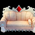 Pink Ornate Carved Sofa With Curved Backrest Tassels And White Skirt Design