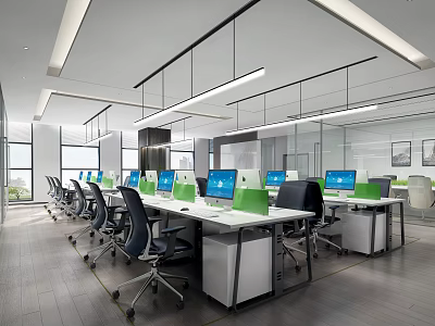 Modern Public Office Space With Spacious Desks Computers Green Plants And Bright Windows 3d model