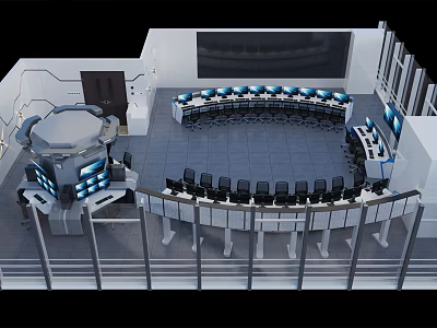 Modern Monitoring Room With Circular Control Panels Multiple Monitors And Ergonomic Seats 3d model