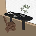 Modern Oval Black Desk With Curved Chair Laptop Notebook And Plant Vase By Window Blinds