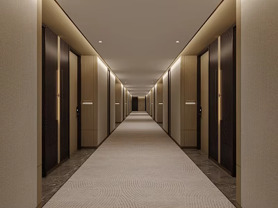 Modern Hotel Corridor With Wooden Doors Beige Walls Patterned Carpet And Soft Lighting 3d model