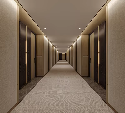 Modern Hotel Corridor With Wooden Doors Beige Walls Patterned Carpet And Soft Lighting 3d model