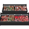 Commercial Double-Deck Refrigerated Display Cases Filled With Various Fresh Meat Products