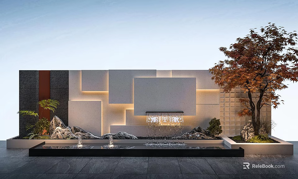 Modern Building Exterior Wall With Geometric Panels Lighting And Landscape Elements 3d model