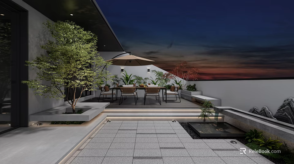 Serene Rooftop Garden Outdoor Space With Dining Table Chairs Umbrella Plants And Sunset Sky 3d model 