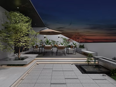 Serene Rooftop Garden Outdoor Space With Dining Table Chairs Umbrella Plants And Sunset Sky 3d model