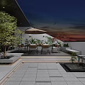 Serene Rooftop Garden Outdoor Space With Dining Table Chairs Umbrella Plants And Sunset Sky