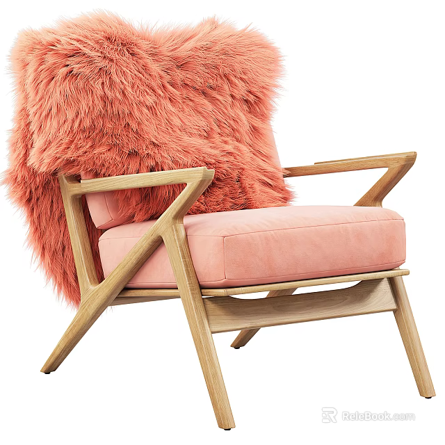 Stylish Single Sofa With Wooden Frame Pink Cushion And Fluffy Throw Pillow 3d model 