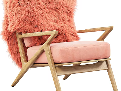 Stylish Single Sofa With Wooden Frame Pink Cushion And Fluffy Throw Pillow 3d model