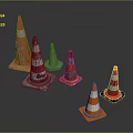 Orange And White Striped Traffic Cones In Various Sizes On Dark Background