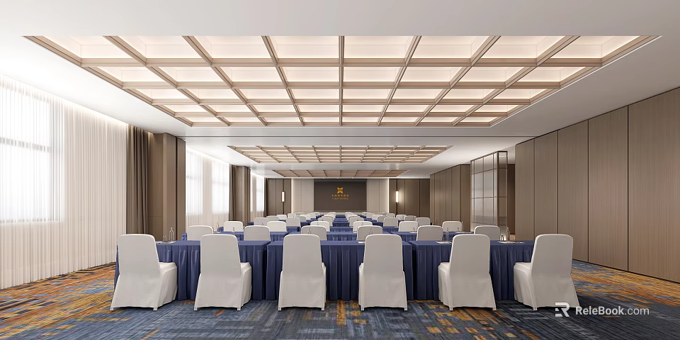 Formal Conference Room With Blue Tablecloths White Chair Covers And Grid Ceiling 3d model 