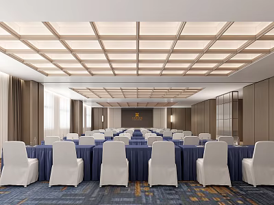 Formal Conference Room With Blue Tablecloths White Chair Covers And Grid Ceiling 3d model