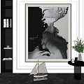 Modern Interior With Black White Abstract Painting Gold Frame Bookshelf Sailboat Model And Green Plant