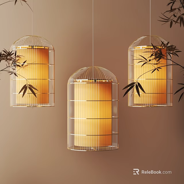 Hanging Decorative Lanterns With Metal Frames Yellow Shades And Bamboo Leaves 3d model 