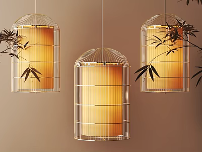 Hanging Decorative Lanterns With Metal Frames Yellow Shades And Bamboo Leaves 3d model
