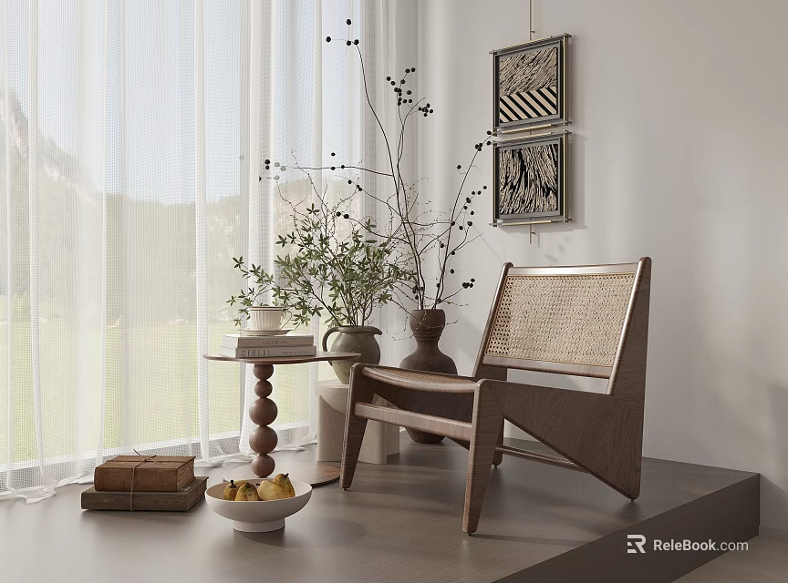 Modern Wooden Frame Leisure Chair With Rattan Back And Side Table Plants In Bright Room 3d model 