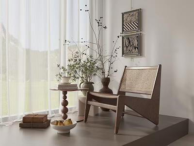 Modern Wooden Frame Leisure Chair With Rattan Back And Side Table Plants In Bright Room 3d model