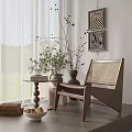 Modern Wooden Frame Leisure Chair With Rattan Back And Side Table Plants In Bright Room