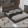 Modern Double Bed with Dark Headboard Bedside Tables Table Lamps and Gray Black Bedding