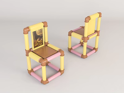 Colorful Kids Leisure Chairs With Yellow Pink Frame Brown Seat And Backrest Painting Playful Design 3d model