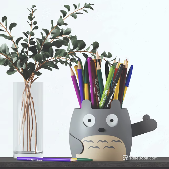 Colored Pens in Grey Totoro Shaped Holder with Green Eucalyptus and Glass Vase 3d model 