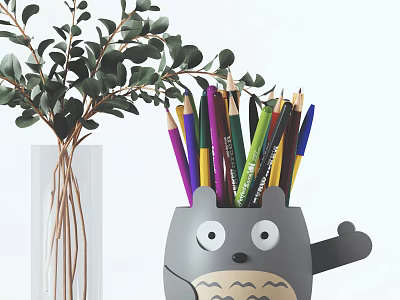 Colored Pens in Grey Totoro Shaped Holder with Green Eucalyptus and Glass Vase 3d model