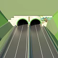 Road Infrastructure With Tunnel Green Forest Street Lamps Guardrails And Vehicles