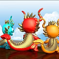 Three Carved Dragon Sculptures In Red Orange Blue With Golden Decorations On Wooden Table