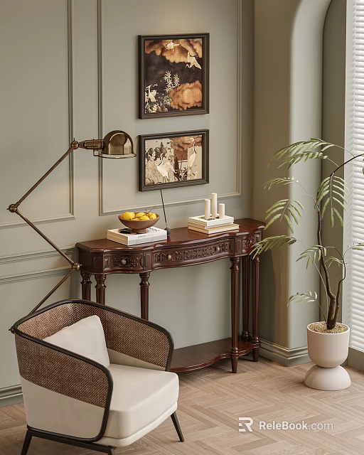 Elegant Wooden Console Table Interior With Vintage Paintings Floor Lamp Books And Plant 3d model 