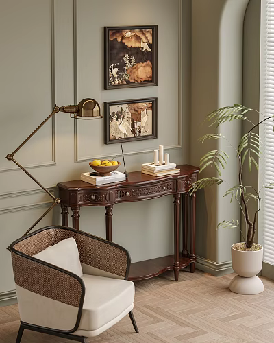 Elegant Wooden Console Table Interior With Vintage Paintings Floor Lamp Books And Plant 3d model