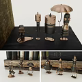 Decorative Ornament Set with Bear Figurines Vintage Books and Small Metal Ornaments on Wooden Base