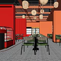 Modern Hotpot Restaurant Interior With Red Walls Green Chairs Long Tables And Pendant Lights