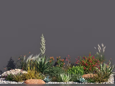 Green Shrubs With Red Orange Flowers White Flowering Stems Stones White Pebbles And Gray Background 3d model