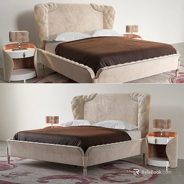 Modern Bedroom Upholstered Double Bed With Tufted Headboard Brown Bedspread Matching Nightstands Table Lamps 3d model 