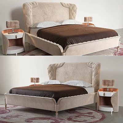 Modern Bedroom Upholstered Double Bed With Tufted Headboard Brown Bedspread Matching Nightstands Table Lamps 3d model