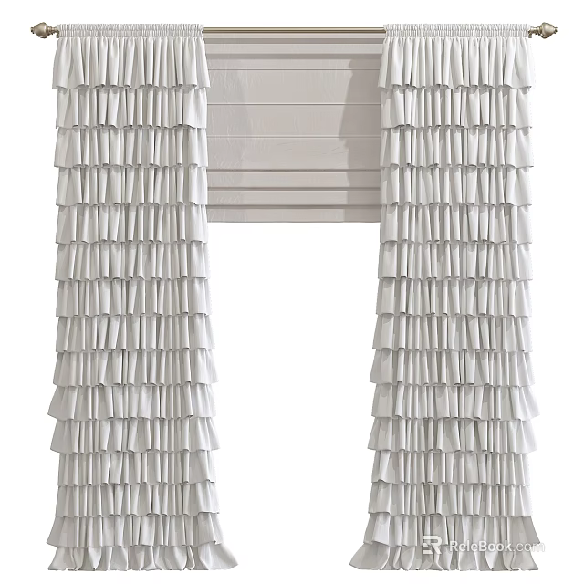 Elegant White Ruffled Layered Curtains With Side Panels And Window Blinds 3d model 